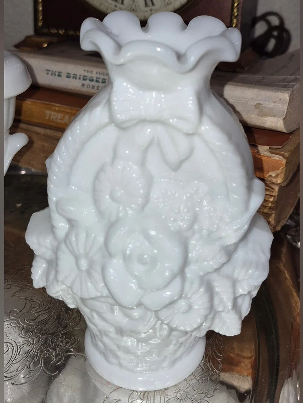 Antique Imperial Milk Glass Puffy Vase Roses Basket Bow Victorian Opalescent